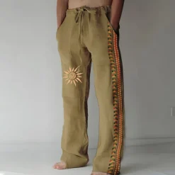 Men's Linen Pants Trousers Summer Pants Beach Pants Drawstring Elastic Waist 3D Print Geometric Pattern Graphic Prints Comfort Casual Daily Holiday Vintage Ethnic Style Black Navy Blue
