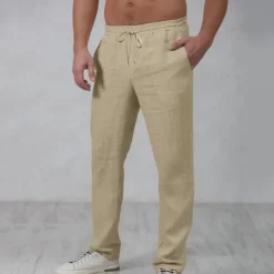 Men's Linen Pants Trousers Summer Pants Beach Pants Drawstring Elastic Waist Straight Leg Plain Comfort Outdoor Casual Daily Streetwear Stylish White Navy Blue