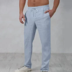 Men's Linen Pants Trousers Summer Pants Beach Pants Drawstring Elastic Waist Straight Leg Plain Comfort Outdoor Casual Daily Streetwear Stylish White Navy Blue