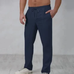 Men's Linen Pants Trousers Summer Pants Beach Pants Drawstring Elastic Waist Straight Leg Plain Comfort Outdoor Casual Daily Streetwear Stylish White Navy Blue