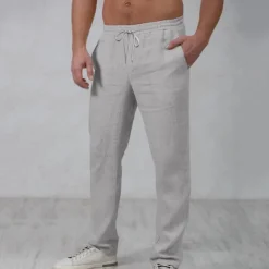 Men's Linen Pants Trousers Summer Pants Beach Pants Drawstring Elastic Waist Straight Leg Plain Comfort Outdoor Casual Daily Streetwear Stylish White Navy Blue