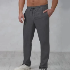 Men's Linen Pants Trousers Summer Pants Beach Pants Drawstring Elastic Waist Straight Leg Plain Comfort Outdoor Casual Daily Streetwear Stylish White Navy Blue
