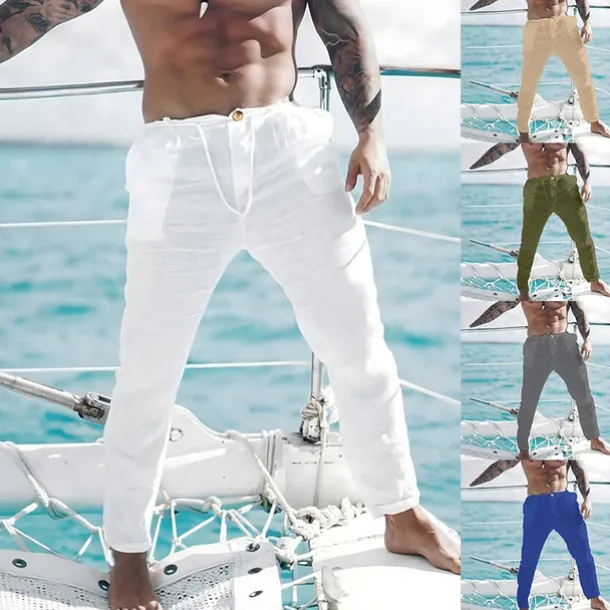 Men's Linen Pants Trousers Summer Pants Beach Pants Front Pocket Straight Leg Plain Comfort Breathable Casual Daily Holiday Fashion Basic Black White