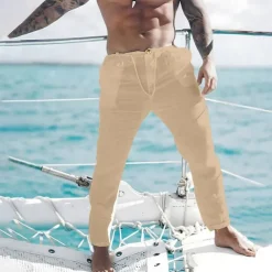 Men's Linen Pants Trousers Summer Pants Beach Pants Front Pocket Straight Leg Plain Comfort Breathable Casual Daily Holiday Fashion Basic Black White