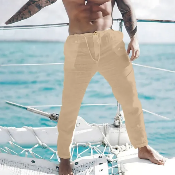 Men's Linen Pants Trousers Summer Pants Beach Pants Front Pocket Straight Leg Plain Comfort Breathable Casual Daily Holiday Fashion Basic Black White