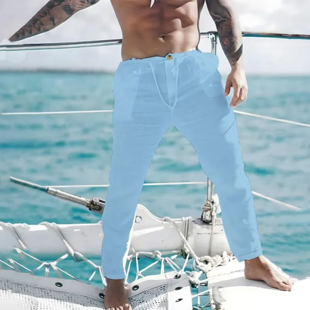 Men's Linen Pants Trousers Summer Pants Beach Pants Front Pocket Straight Leg Plain Comfort Breathable Casual Daily Holiday Fashion Basic Black White