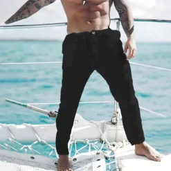 Men's Linen Pants Trousers Summer Pants Beach Pants Front Pocket Straight Leg Plain Comfort Breathable Casual Daily Holiday Fashion Basic Black White