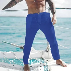 Men's Linen Pants Trousers Summer Pants Beach Pants Front Pocket Straight Leg Plain Comfort Breathable Casual Daily Holiday Fashion Basic Black White