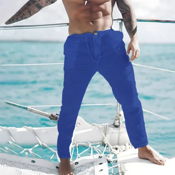 Men's Linen Pants Trousers Summer Pants Beach Pants Front Pocket Straight Leg Plain Comfort Breathable Casual Daily Holiday Fashion Basic Black White