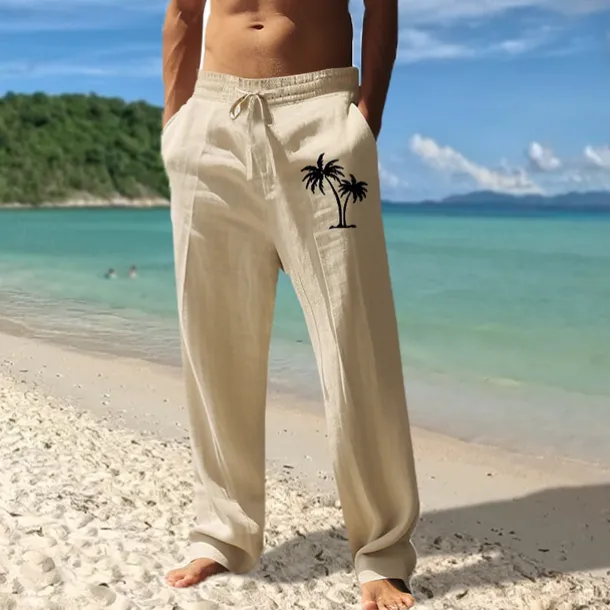 Men's Linen Pants Trousers Summer Pants Beach Pants Pocket Drawstring Elastic Waist Coconut Tree Comfort Breathable Vacation Daily Holiday Hawaiian Boho Black White