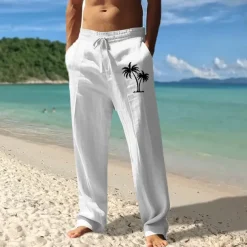 Men's Linen Pants Trousers Summer Pants Beach Pants Pocket Drawstring Elastic Waist Coconut Tree Comfort Breathable Vacation Daily Holiday Hawaiian Boho Black White