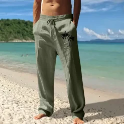 Men's Linen Pants Trousers Summer Pants Beach Pants Pocket Drawstring Elastic Waist Coconut Tree Comfort Breathable Vacation Daily Holiday Hawaiian Boho Black White