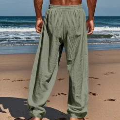 Men's Linen Pants Trousers Summer Pants Beach Pants Pocket Drawstring Elastic Waist Coconut Tree Comfort Breathable Vacation Daily Holiday Hawaiian Boho Black White