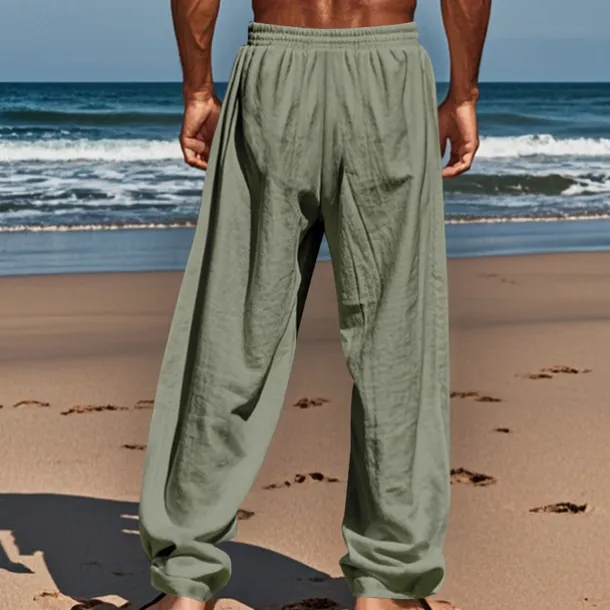 Men's Linen Pants Trousers Summer Pants Beach Pants Pocket Drawstring Elastic Waist Coconut Tree Comfort Breathable Vacation Daily Holiday Hawaiian Boho Black White