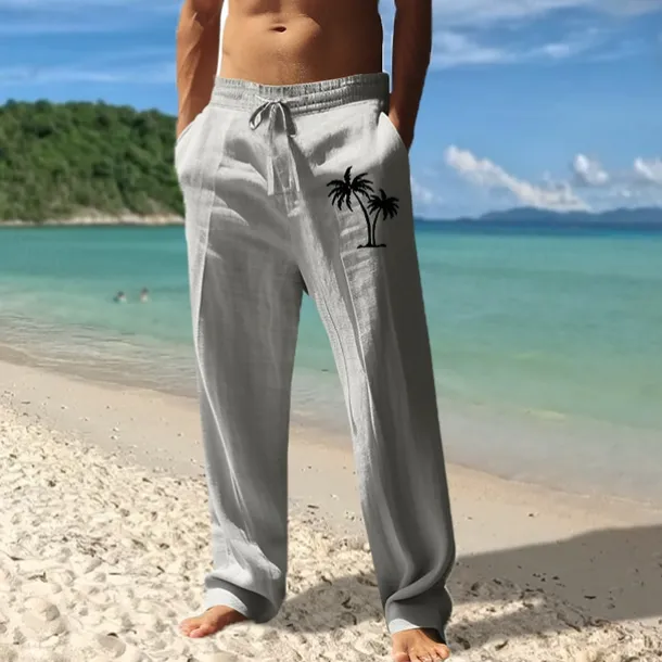 Men's Linen Pants Trousers Summer Pants Beach Pants Pocket Drawstring Elastic Waist Coconut Tree Comfort Breathable Vacation Daily Holiday Hawaiian Boho Black White