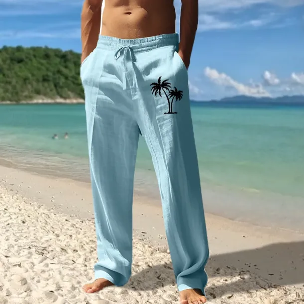 Men's Linen Pants Trousers Summer Pants Beach Pants Pocket Drawstring Elastic Waist Coconut Tree Comfort Breathable Vacation Daily Holiday Hawaiian Boho Black White