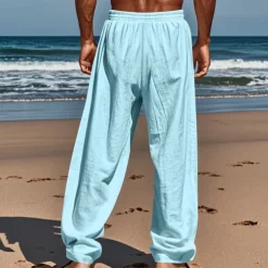 Men's Linen Pants Trousers Summer Pants Beach Pants Pocket Drawstring Elastic Waist Coconut Tree Comfort Breathable Vacation Daily Holiday Hawaiian Boho Black White