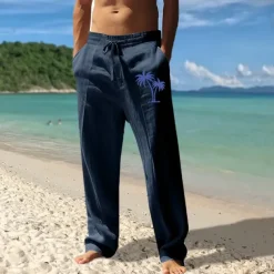 Men's Linen Pants Trousers Summer Pants Beach Pants Pocket Drawstring Elastic Waist Coconut Tree Comfort Breathable Vacation Daily Holiday Hawaiian Boho Black White
