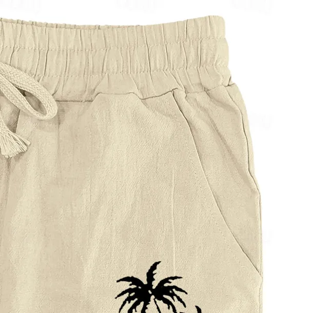 Men's Linen Pants Trousers Summer Pants Beach Pants Pocket Drawstring Elastic Waist Coconut Tree Comfort Breathable Vacation Daily Holiday Hawaiian Boho Black White