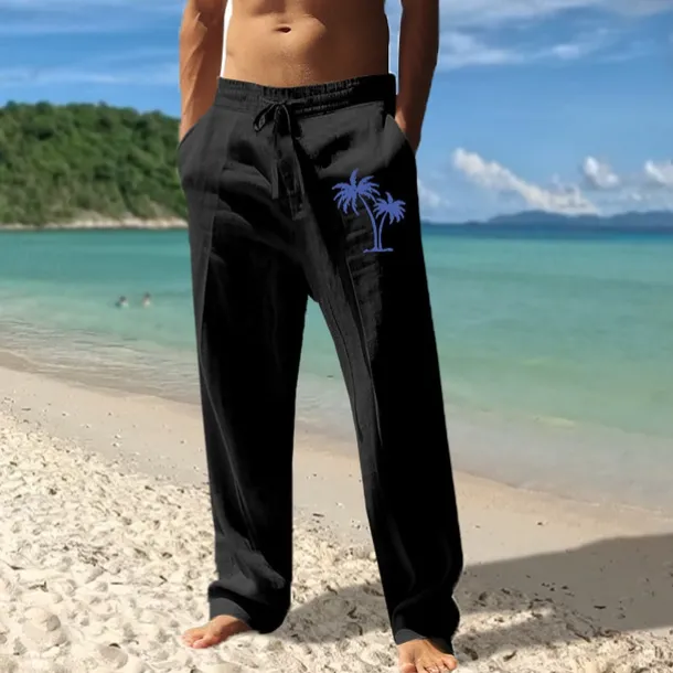 Men's Linen Pants Trousers Summer Pants Beach Pants Pocket Drawstring Elastic Waist Coconut Tree Comfort Breathable Vacation Daily Holiday Hawaiian Boho Black White