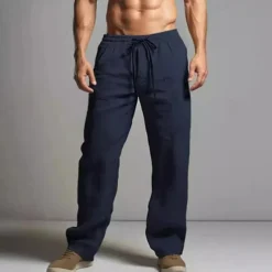 Men's Linen Pants Trousers Summer Pants Beach Pants Elastic Waist Drawstring Straight Leg Plain Comfort Breathable Full Length Casual Daily Holiday Fashion Classic Style Black White