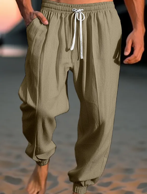 Men's Linen Pants Trousers Summer Pants Beach Pants Drawstring Elastic Waist Elastic Cuff Plain Comfort Breathable Casual Daily Holiday Fashion Classic Style ArmyGreen Navy Blue