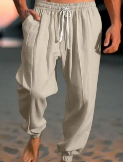 Men's Linen Pants Trousers Summer Pants Beach Pants Drawstring Elastic Waist Elastic Cuff Plain Comfort Breathable Casual Daily Holiday Fashion Classic Style ArmyGreen Navy Blue