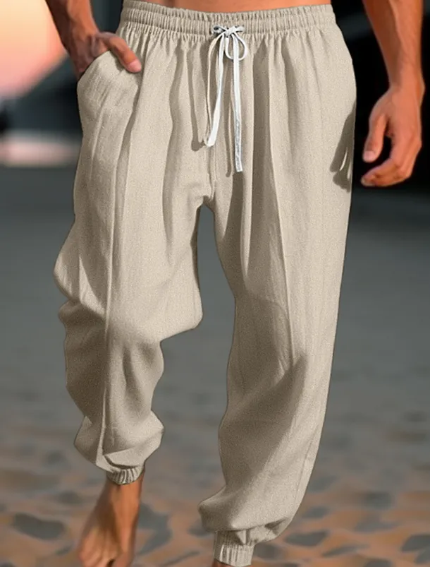 Men's Linen Pants Trousers Summer Pants Beach Pants Drawstring Elastic Waist Elastic Cuff Plain Comfort Breathable Casual Daily Holiday Fashion Classic Style ArmyGreen Navy Blue