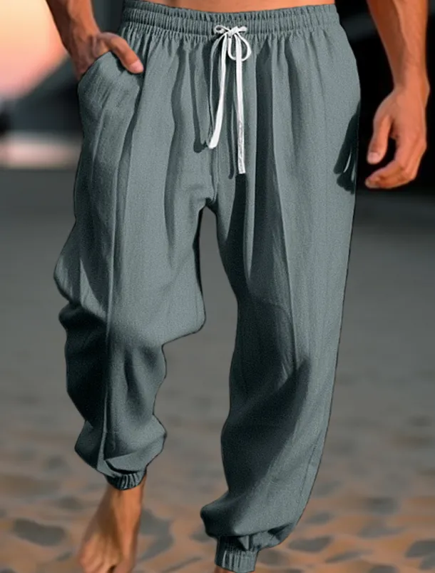 Men's Linen Pants Trousers Summer Pants Beach Pants Drawstring Elastic Waist Elastic Cuff Plain Comfort Breathable Casual Daily Holiday Fashion Classic Style ArmyGreen Navy Blue