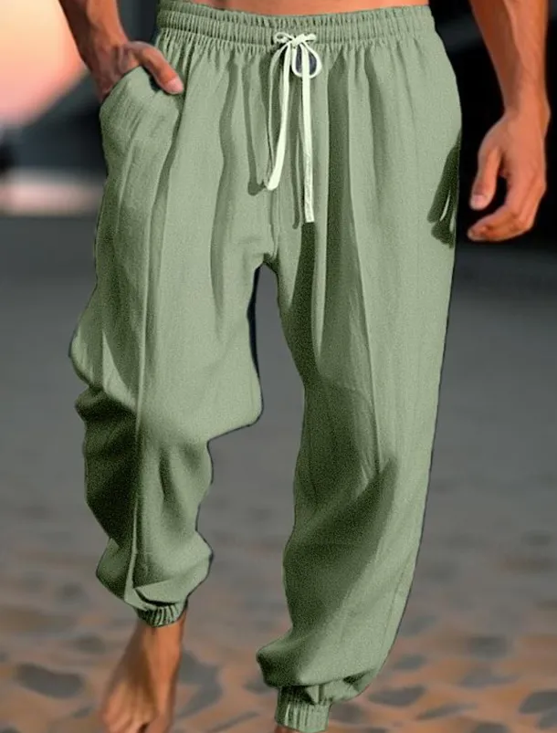 Men's Linen Pants Trousers Summer Pants Beach Pants Drawstring Elastic Waist Elastic Cuff Plain Comfort Breathable Casual Daily Holiday Fashion Classic Style ArmyGreen Navy Blue