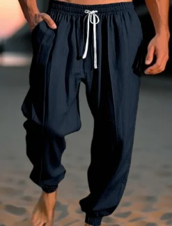 Men's Linen Pants Trousers Summer Pants Beach Pants Drawstring Elastic Waist Elastic Cuff Plain Comfort Breathable Casual Daily Holiday Fashion Classic Style ArmyGreen Navy Blue