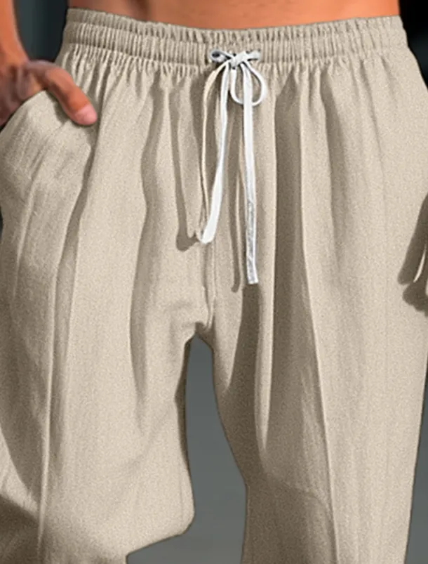 Men's Linen Pants Trousers Summer Pants Beach Pants Drawstring Elastic Waist Elastic Cuff Plain Comfort Breathable Casual Daily Holiday Fashion Classic Style ArmyGreen Navy Blue
