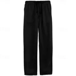 Men's Linen Pants Trousers Summer Pants Pocket Drawstring Elastic Waist Plain Comfort Breathable Vacation Daily Holiday Fashion Classic Style Black White Micro-elastic