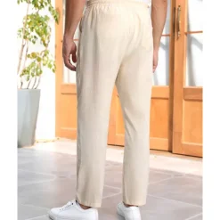 Men's Linen Pants Trousers Summer Pants Beach Pants Pocket Drawstring Elastic Waist Plain Comfort Breathable Vacation Daily Holiday Hawaiian Boho Beige