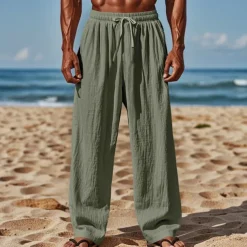 Men's Linen Pants Trousers Summer Pants Beach Pants Drawstring Elastic Waist Straight Leg Plain Comfort Breathable Full Length Casual Daily Holiday Vacation Fashion Black White