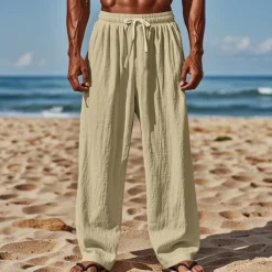 Men's Linen Pants Trousers Summer Pants Beach Pants Drawstring Elastic Waist Straight Leg Plain Comfort Breathable Full Length Casual Daily Holiday Vacation Fashion Black White