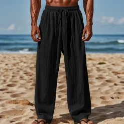 Men's Linen Pants Trousers Summer Pants Beach Pants Drawstring Elastic Waist Straight Leg Plain Comfort Breathable Full Length Casual Daily Holiday Vacation Fashion Black White