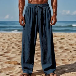 Men's Linen Pants Trousers Summer Pants Beach Pants Drawstring Elastic Waist Straight Leg Plain Comfort Breathable Full Length Casual Daily Holiday Vacation Fashion Black White