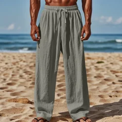 Men's Linen Pants Trousers Summer Pants Beach Pants Drawstring Elastic Waist Straight Leg Plain Comfort Breathable Full Length Casual Daily Holiday Vacation Fashion Black White