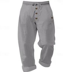 Men's Linen Pants Trousers Summer Pants Beach Pants Buttons Drawstring Elastic Waist Plain Comfort Breathable Full Length Casual Daily Holiday Vacation Fashion Black White