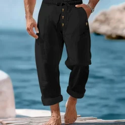 Men's Linen Pants Trousers Summer Pants Beach Pants Buttons Drawstring Elastic Waist Plain Comfort Breathable Full Length Casual Daily Holiday Vacation Fashion Black White