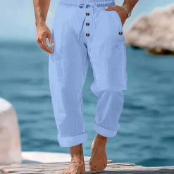 Men's Linen Pants Trousers Summer Pants Beach Pants Buttons Drawstring Elastic Waist Plain Comfort Breathable Full Length Casual Daily Holiday Vacation Fashion Black White