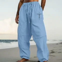 Men's Linen Pants Trousers Summer Pants Baggy Pants Pocket Drawstring Elastic Waist Plain Comfort Breathable Full Length Casual Daily Holiday Vacation Streetwear Black White