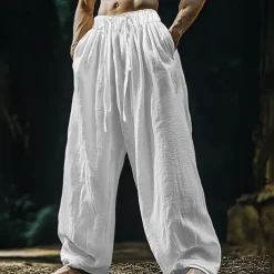 Men's Linen Pants Trousers Summer Pants Beach Pants Pocket Drawstring Elastic Waist Plain Comfort Breathable Vacation Daily Holiday Hawaiian Boho Black White