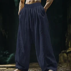 Men's Linen Pants Trousers Summer Pants Beach Pants Pocket Drawstring Elastic Waist Plain Comfort Breathable Vacation Daily Holiday Hawaiian Boho Black White