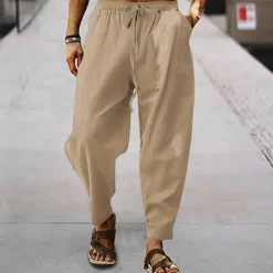 Men's Linen Pants Trousers Summer Pants Harem Pants Pocket Drawstring Elastic Waist Plain Comfort Breathable Full Length Outdoor Daily Holiday Fashion Classic Style Black White