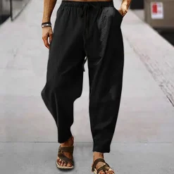 Men's Linen Pants Trousers Summer Pants Harem Pants Pocket Drawstring Elastic Waist Plain Comfort Breathable Full Length Outdoor Daily Holiday Fashion Classic Style Black White
