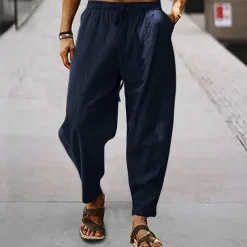 Men's Linen Pants Trousers Summer Pants Harem Pants Pocket Drawstring Elastic Waist Plain Comfort Breathable Full Length Outdoor Daily Holiday Fashion Classic Style Black White