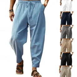 Men's Linen Pants Trousers Summer Pants Harem Pants Pocket Drawstring Elastic Waist Plain Comfort Breathable Full Length Outdoor Daily Holiday Fashion Classic Style Black White