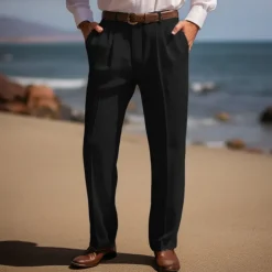 Men's Linen Pants Trousers Summer Pants Front Pocket Pleats Straight Leg Plain Comfort Breathable Casual Daily Holiday Fashion Basic Black White